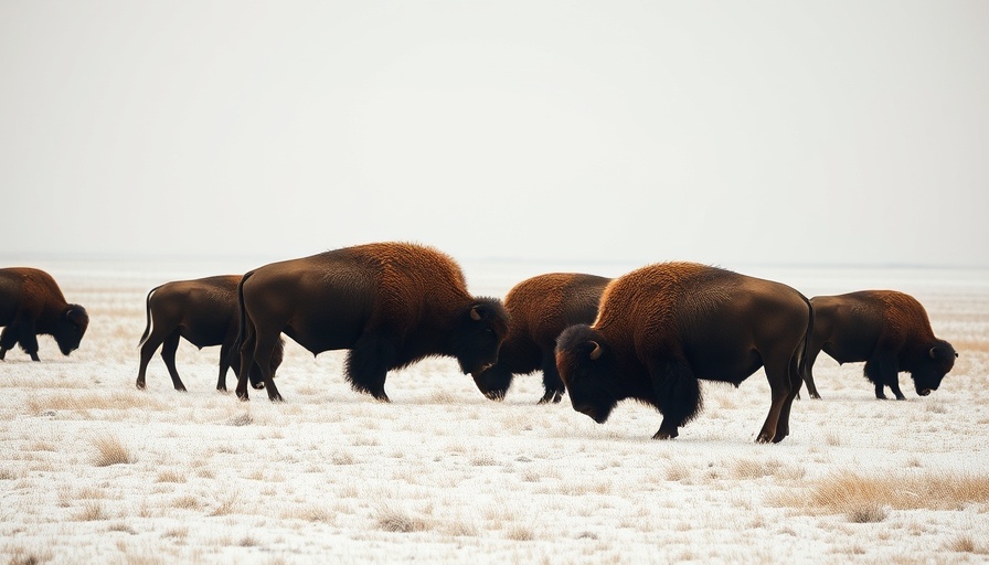 Bison grazing in snowy field illustrating climate change impact.
