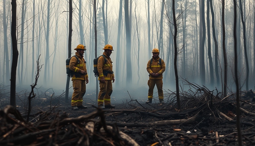 Firefighters amidst forest decay, highlighting fires accelerating global forest loss.