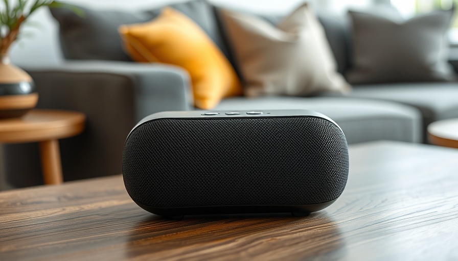 Smart speaker on table, cozy living room background.