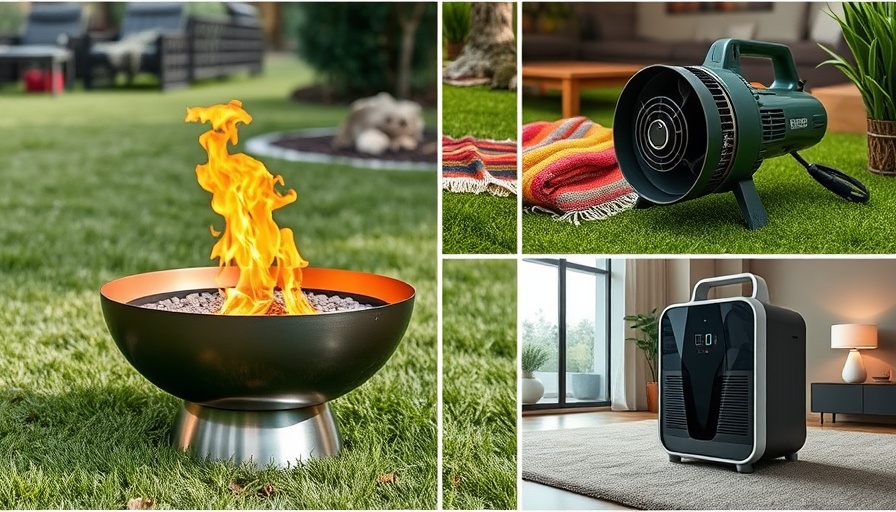 Home improvement alternatives featuring fire pit, leaf blower, and purifier.