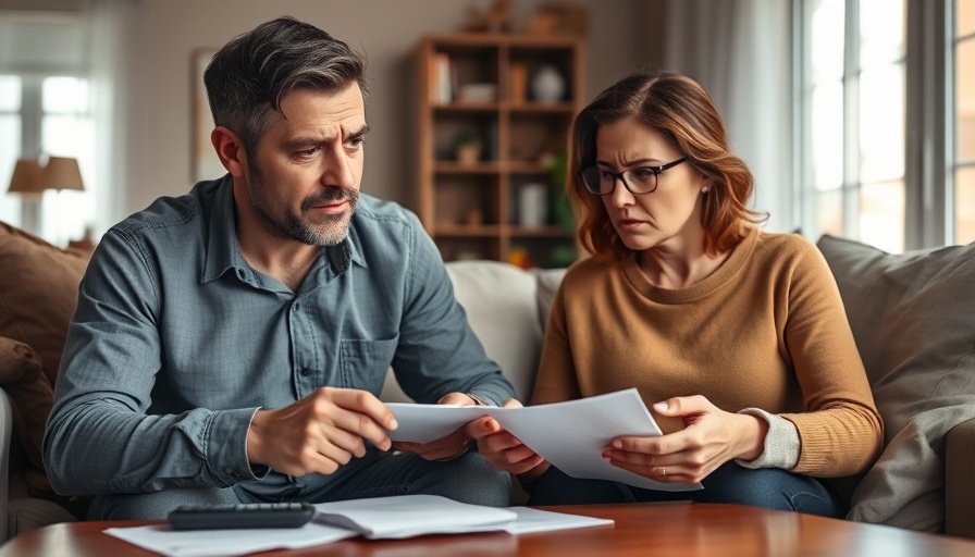 Couple arguing over finances in a cozy living room.