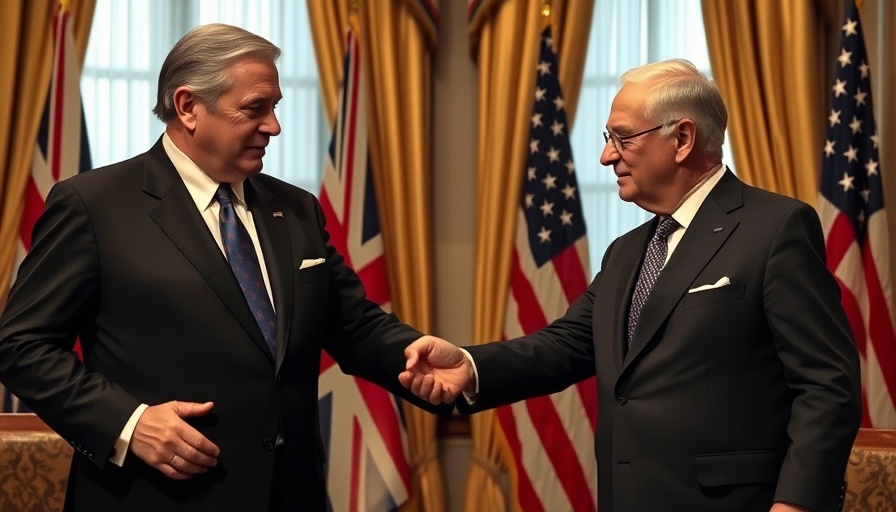 Diplomatic interaction between two suited men in opulent setting, golden curtains.