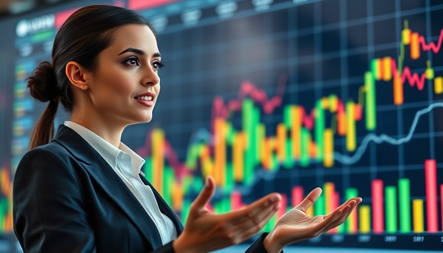 Professional woman with economic chart backdrop discussing UK tax policies