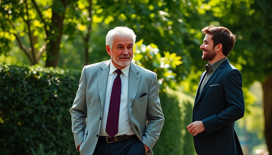 Two men discussing Britain France relationship in a sunny garden.