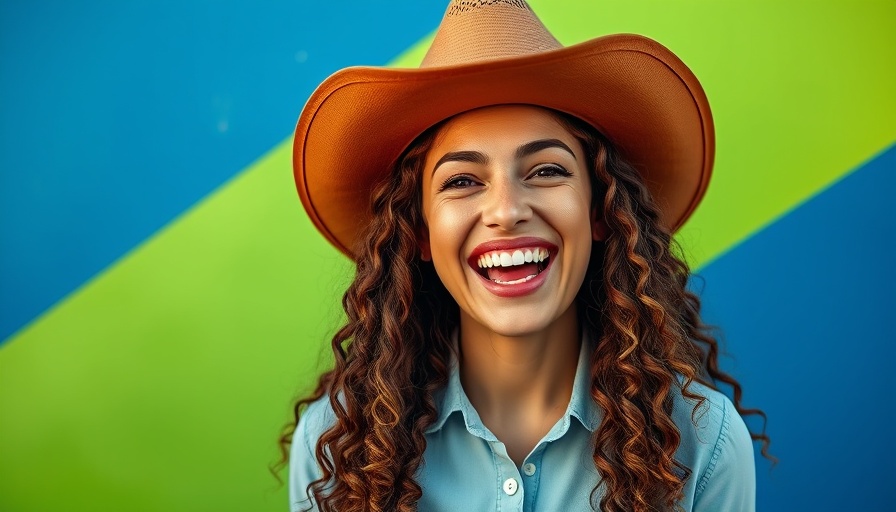Smiling woman in cowboy hat, colorful geometric background, sustainability in business