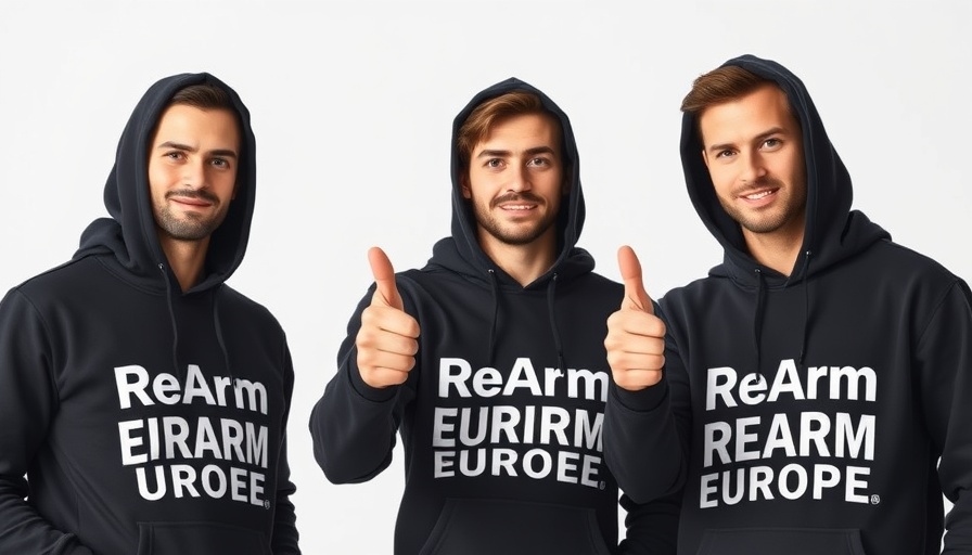 Men in 'ReArm EUROPE' hoodies promoting defense tech investment in Europe.