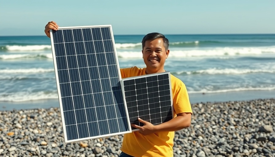 Renewable energy in the Philippines: Man with solar panel by boat.