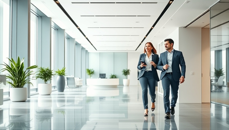 Professionals discussing in modern office with green accents related to climate change.
