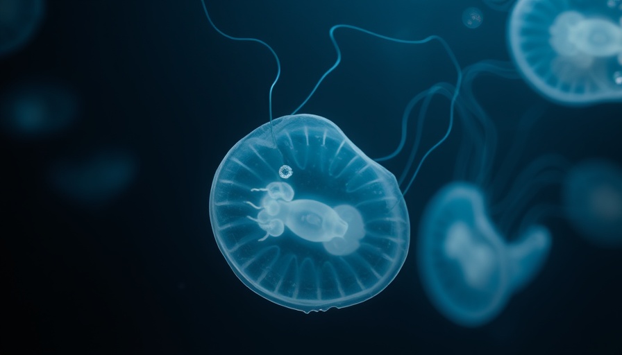 Luminescent jellyfish in deep ocean, serene underwater scene.