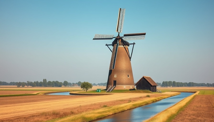 Traditional Dutch windmill at canal, serene landscape