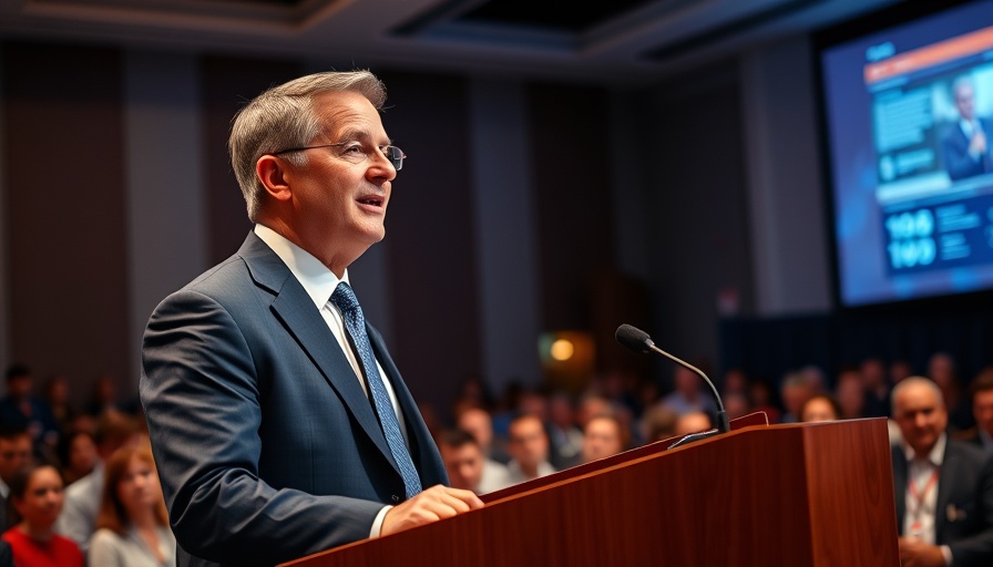 Corporate speaker addressing audience; professional event setting.