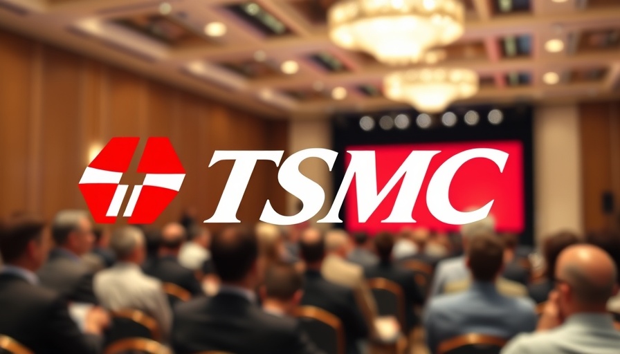 TSMC logo prominent at business conference with blurred attendees.