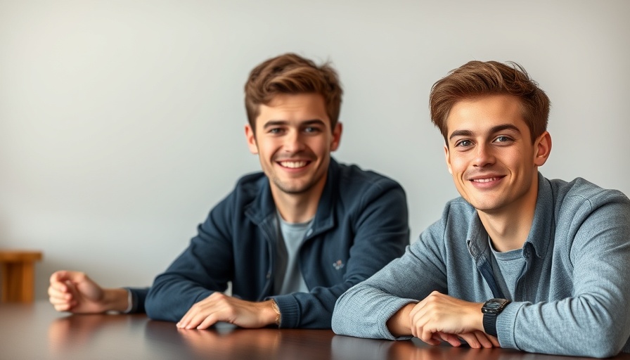 Two young men smiling at a table, AI startup context.