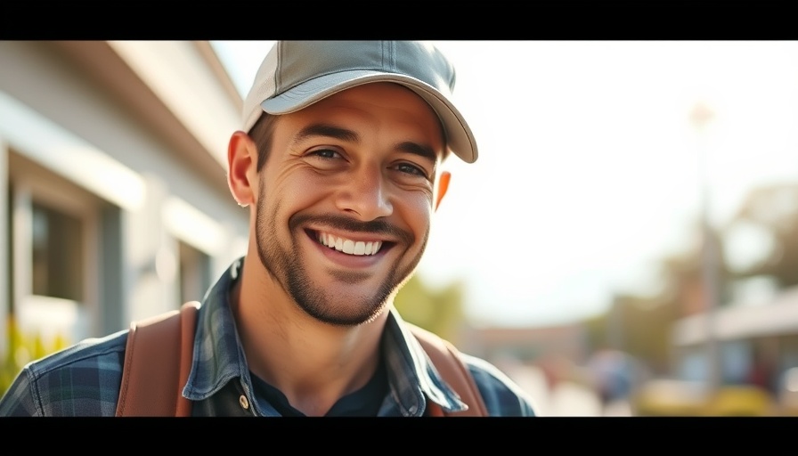 Man outdoors in casual wear, smiling in sunlight.
