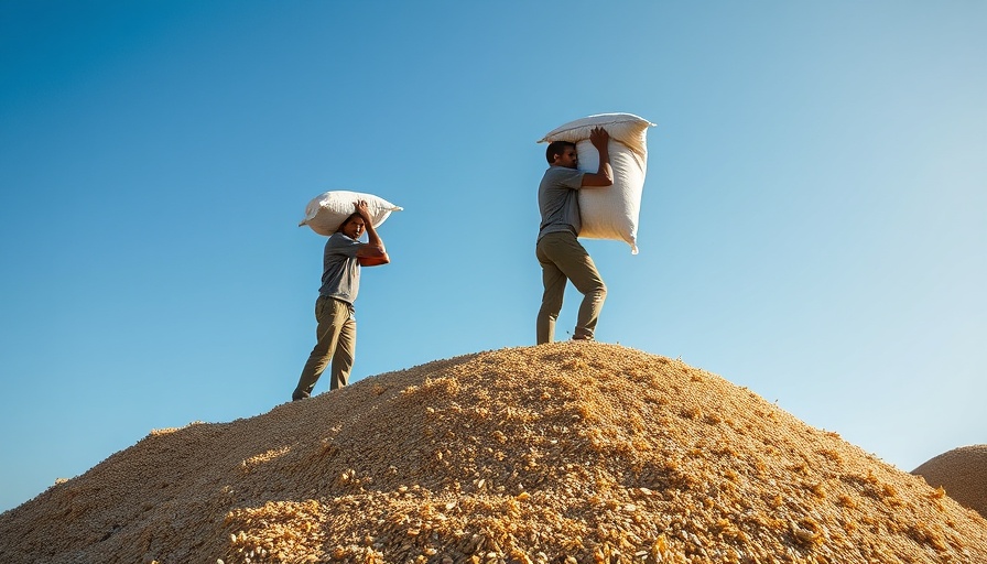 Workers stacking grain bags under blue sky, highlighting drought crisis.