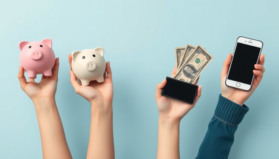 Hands holding piggy banks and financial items on blue background, personal financial literacy.