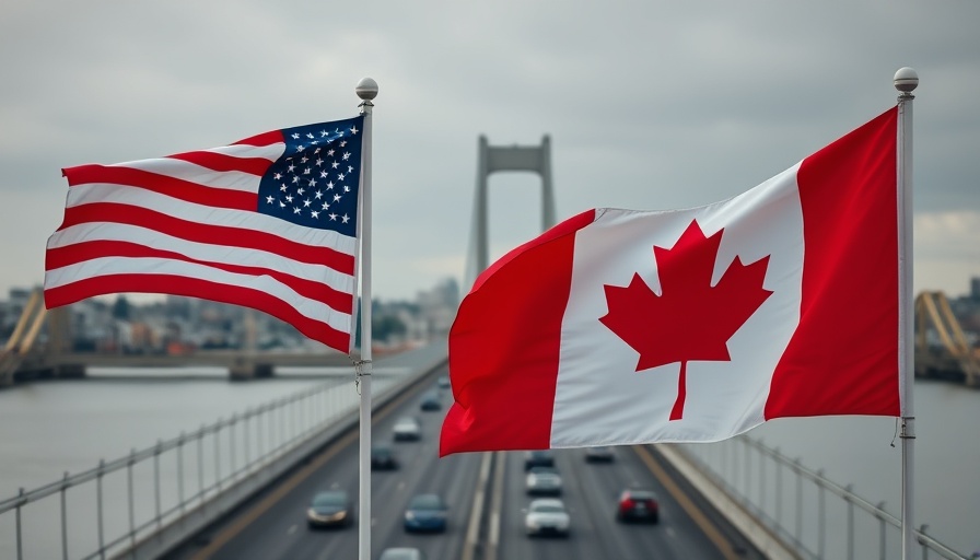 U.S. and Canada flags waving with cars on the bridge, reflecting trade tensions.