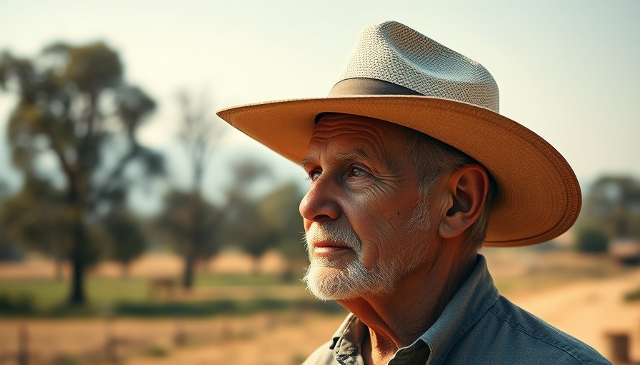 Contemplative older man with hat in rural Texas landscape.