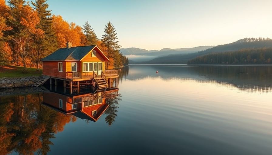 Tranquil lakeside house reflection, ideal for buying a lake house.