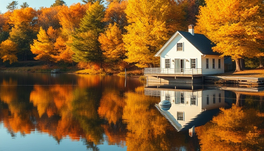 Charming lakeside home reflecting on calm water, autumn trees, lake house buying tips.