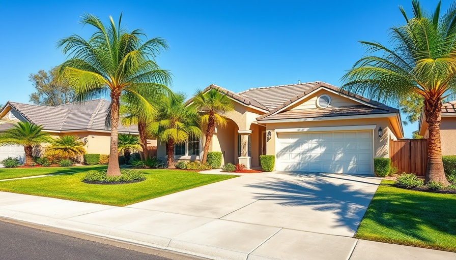 Inviting suburban home with palm trees, ideal for touring