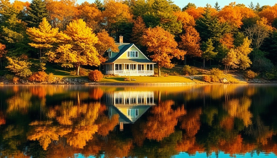 Serene autumn lake house reflecting on water, buying a lake house.