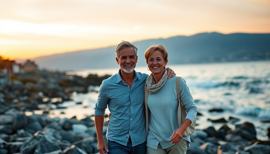 Happy couple walking along the ocean, enjoying retirement planning.