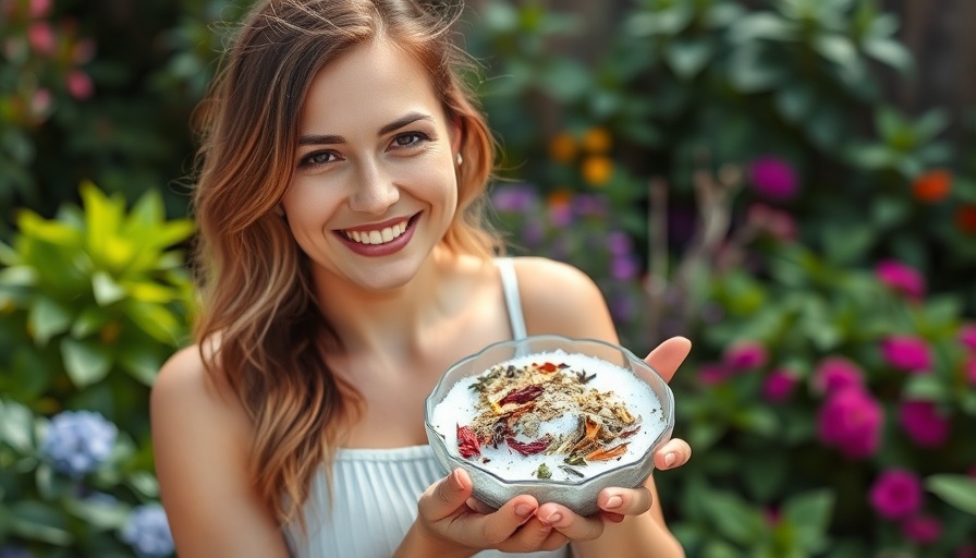 Woman explaining how to make detox bath salts at home, vibrant garden backdrop.