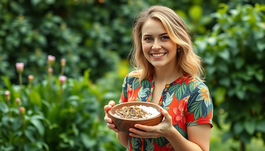 Smiling woman holds dried herbs for making detox bath salts at home.