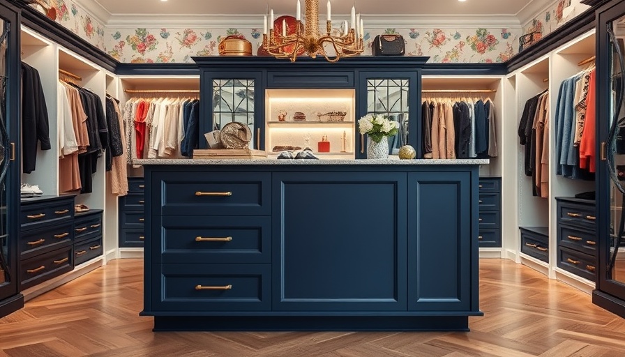 Elegant navy blue walk-in closet island with gold accents in a stylish closet.