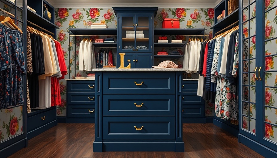 Elegant walk-in closet island with gold handles in stylish interior.