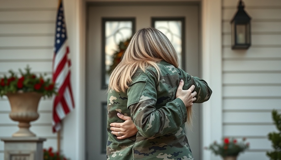 Military reunion scene at a home entrance with American flag.