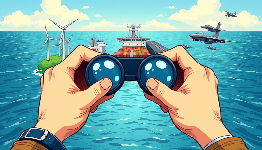 Illustration depicting geoeconomics with shipping and military through binoculars.