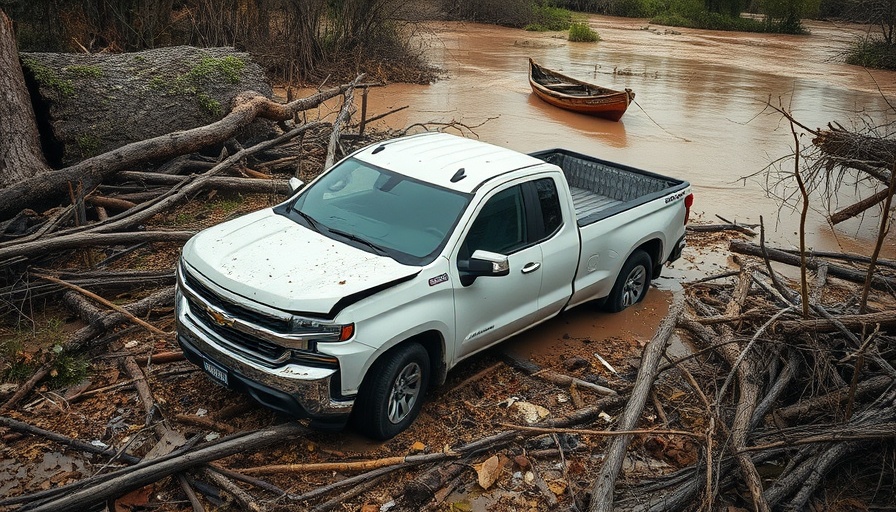 Flood damage in Texas communities with abandoned truck and debris.