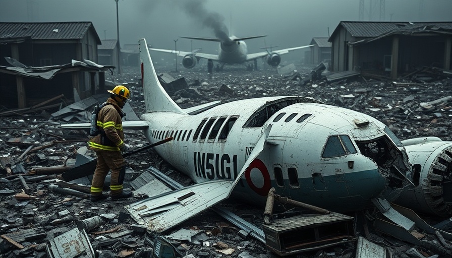 Air India 171 crash site with debris and firefighter inspection.