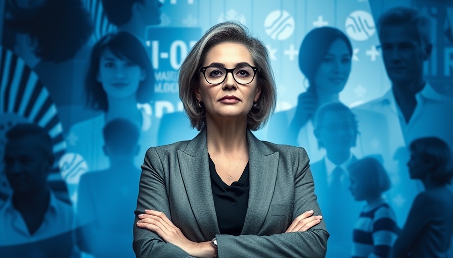 Confident female business leader with determined expression, blue tones.