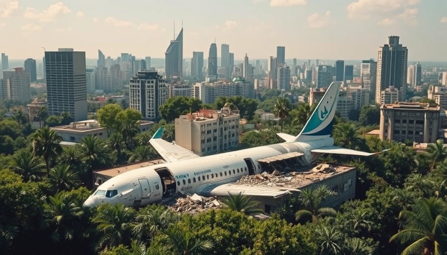Crashed airplane tail of Air India on building amidst trees, photorealistic.