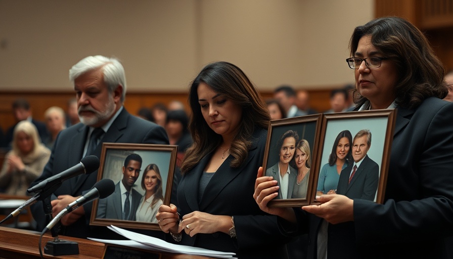 Somber court scene with individuals holding family photos related to Boeing settles 737 MAX crash lawsuit.