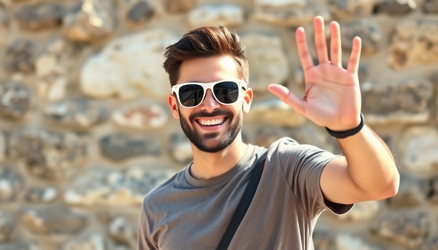 Cheerful young man wearing sunglasses, smiling and waving.