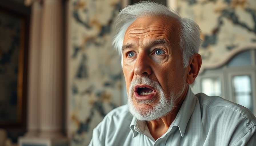 Elderly man passionately speaking with a marble background, photorealistic.
