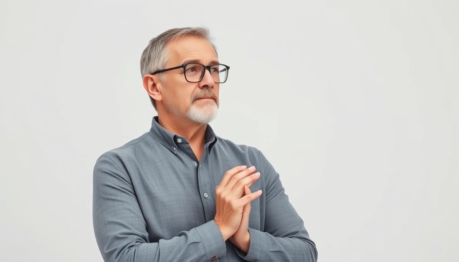 Contemplative man standing with hands clasped, AI era focus.