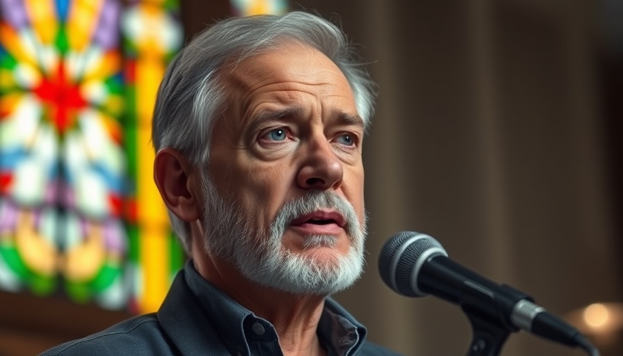 Middle-aged man speaks into microphone with stained glass in background related to California Egg Prices Lawsuit.