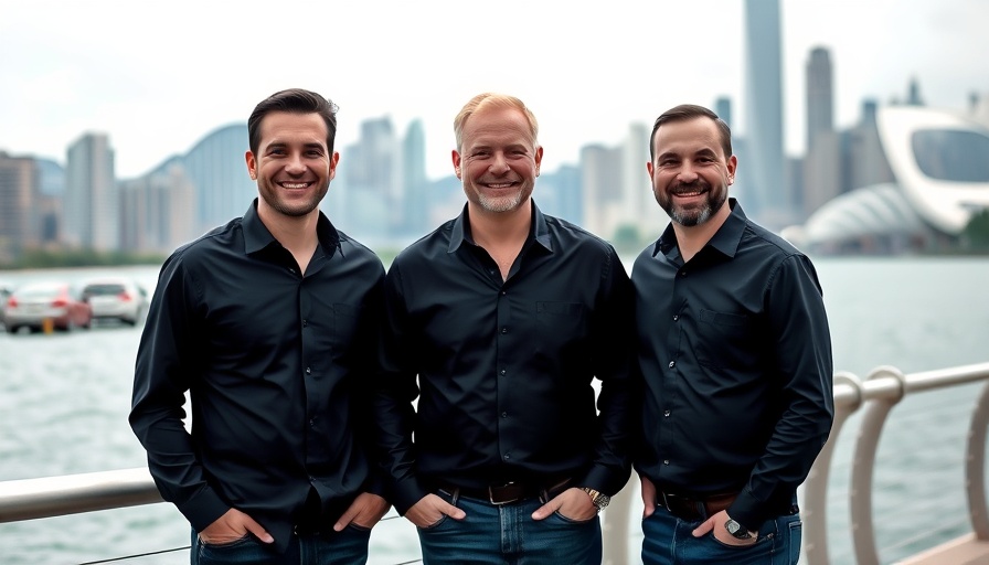 Startup founders by waterfront with city skyline backdrop, symbolizing stablecoin startup funding