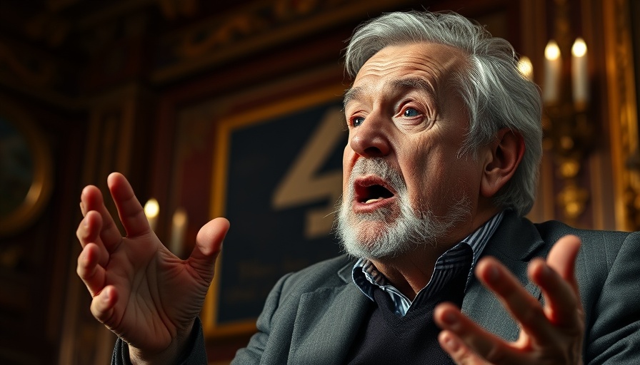 Elderly man critiquing passionately in formal setting.