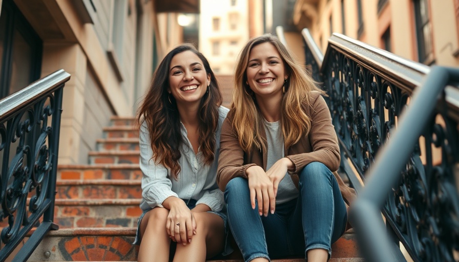 Two women on stairs smiling, AI leadership development platform concept.