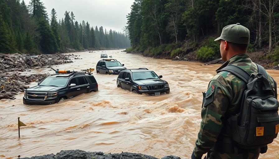 Aftermath of flooding with submerged cars near trees.