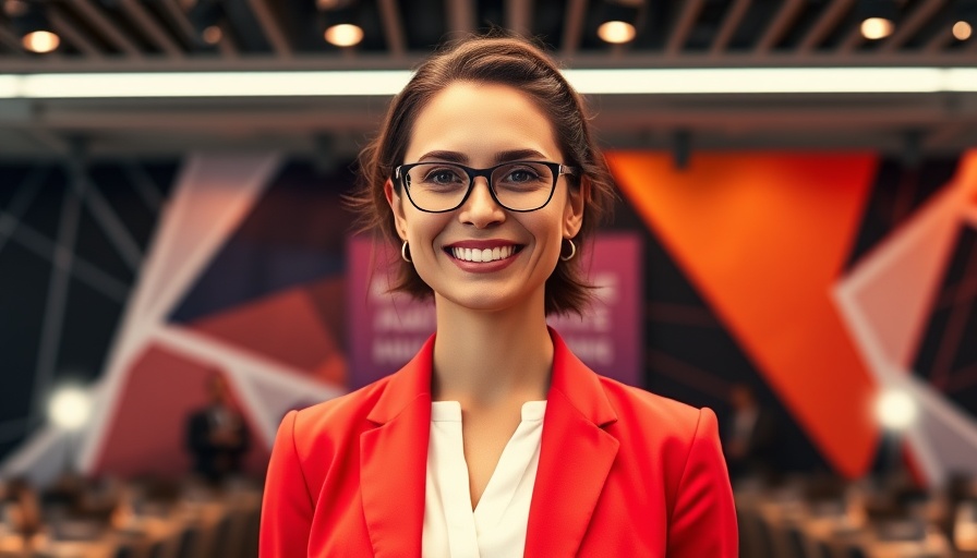 Professional woman smiling at business event backdrop, vibrant colors
