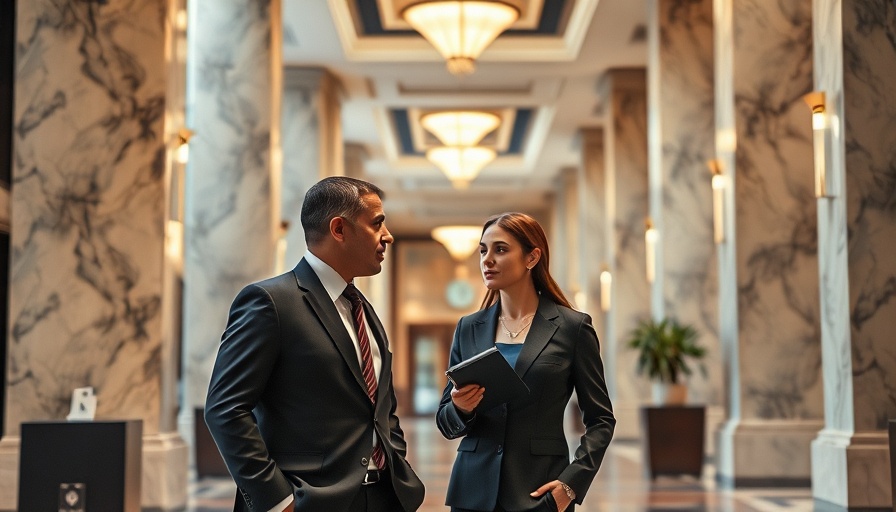 Elegant lobby with professionals discussing in marble hall, related to AI operating system for public policy professionals.