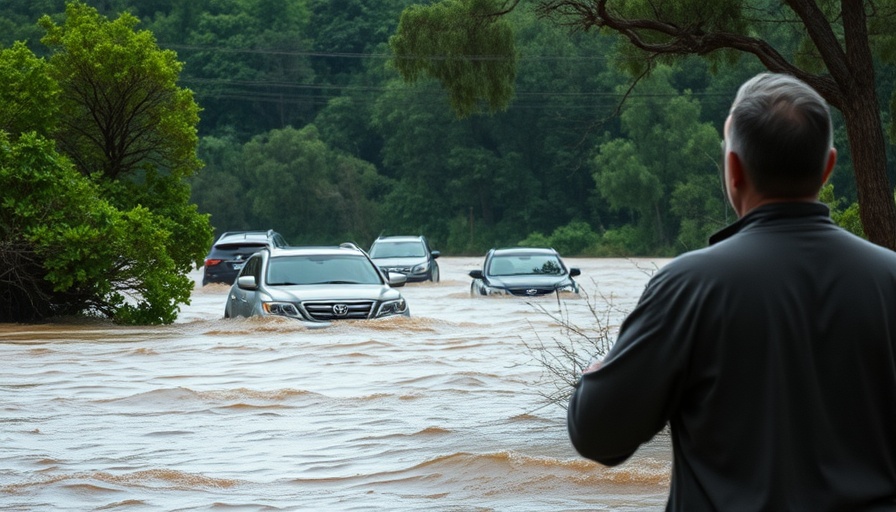 Cloud-seeding startup concept amidst flood aftermath with submerged vehicles.