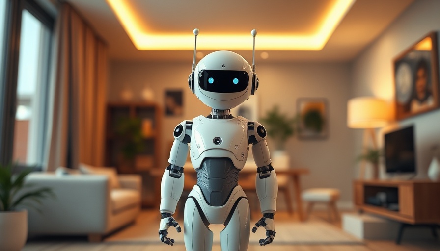 Minimalistic white robot in a warm room context.